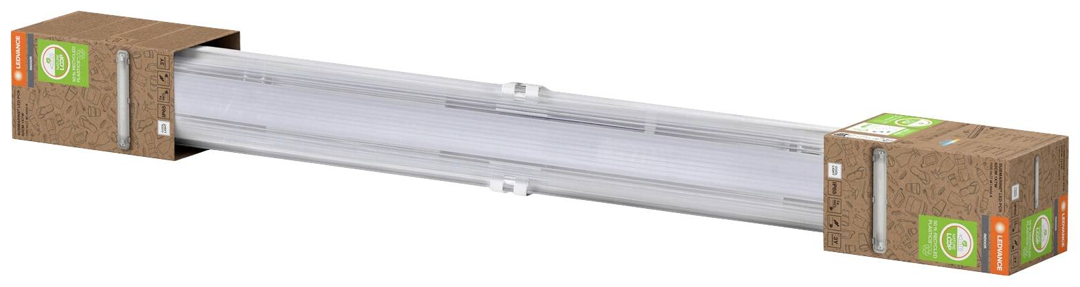 Verpackte LED-Leuchtstoffröhre in brauner Kartonverpackung mit grünen und orangefarbenen Details.