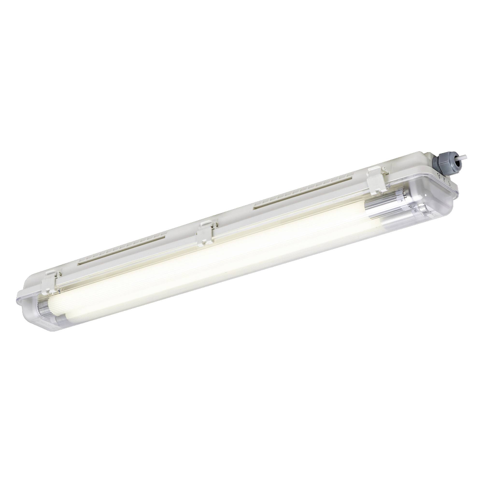 Eine längliche Leuchtstofflampe mit Schutzabdeckung, geeignet für den Einsatz in Industrie- oder Außenbereichen.