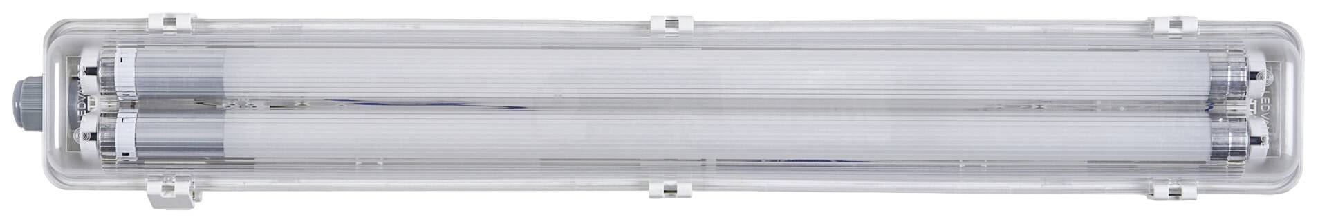 Zwei nebeneinander liegende, längliche Leuchtstofflampen in einem transparenten Gehäuse.
