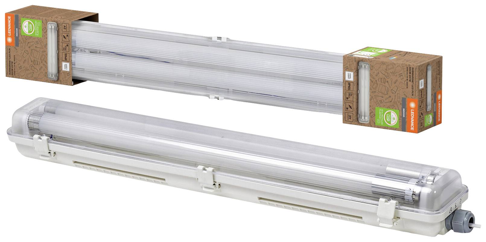Ein Paket mit zwei LED-Röhren und einer separaten, wasserdichten LED-Leuchte, geeignet für industrielle oder gewerbliche Beleuchtung.