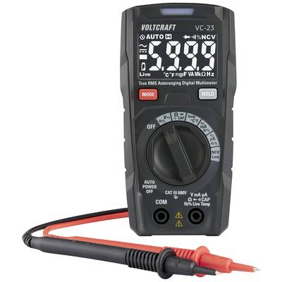 Digitales Multimeter der Marke Voltcraft VC-23 mit Anzeige für Spannungsmessungen und mehreren wählbaren Funktionen mittels Drehschalter.