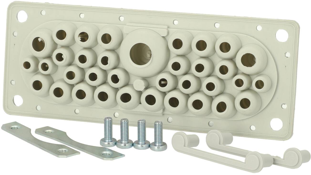 Eine beige Kabeldurchführungsplatte mit mehreren runden Öffnungen. Daneben liegen vier Schrauben und zwei Metallstreben.