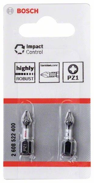 Zwei Bosch Schraubendreher-Bits mit PZ1-Kopf. Verpackung betont 'Impact Control', 'hoch robust', und 'torsion zone'.