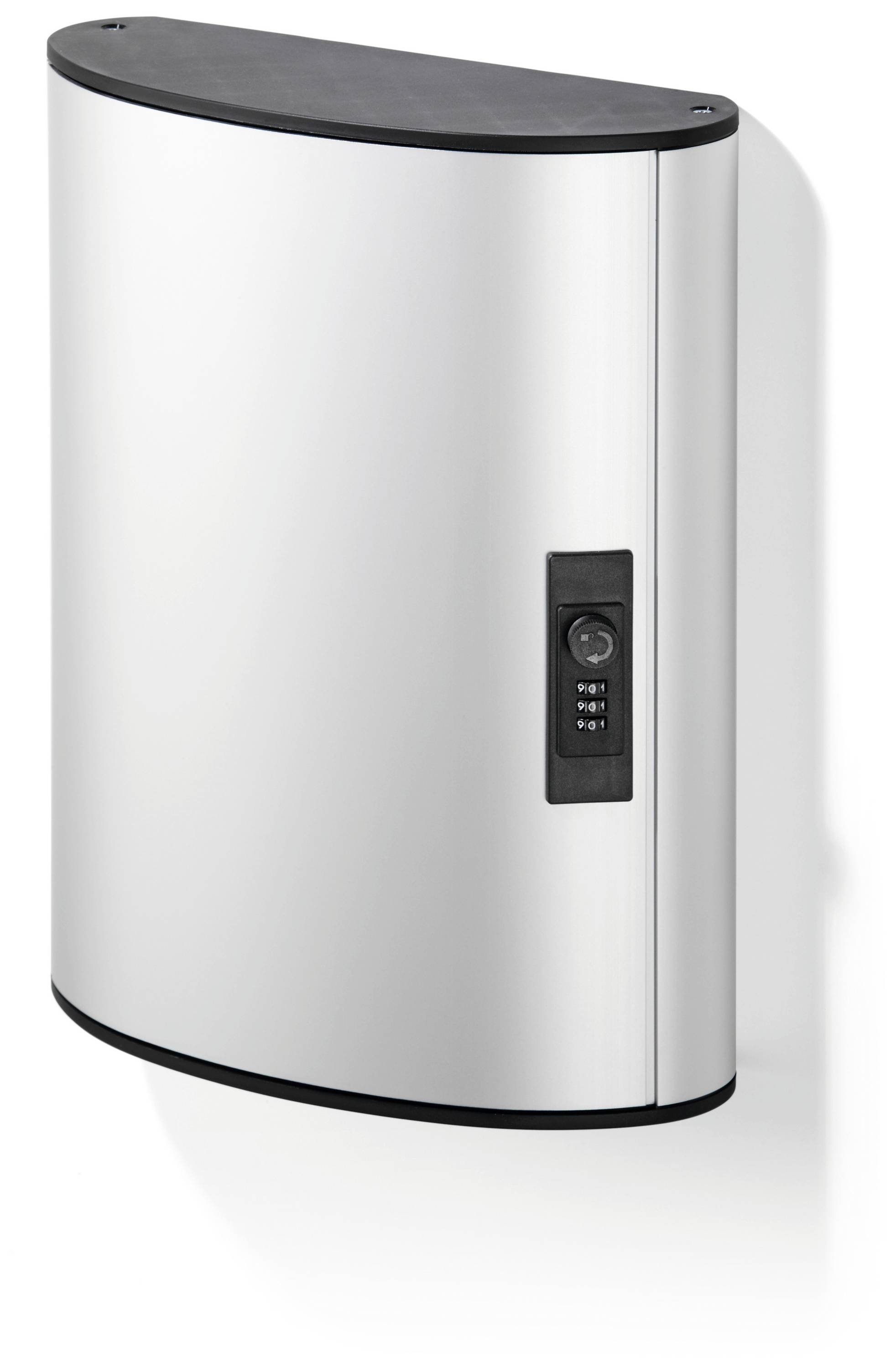 Metallschrank mit Zahlenschloss, an der Wand montiert. Silberne Farbe mit schwarzer Ober- und Unterseite.