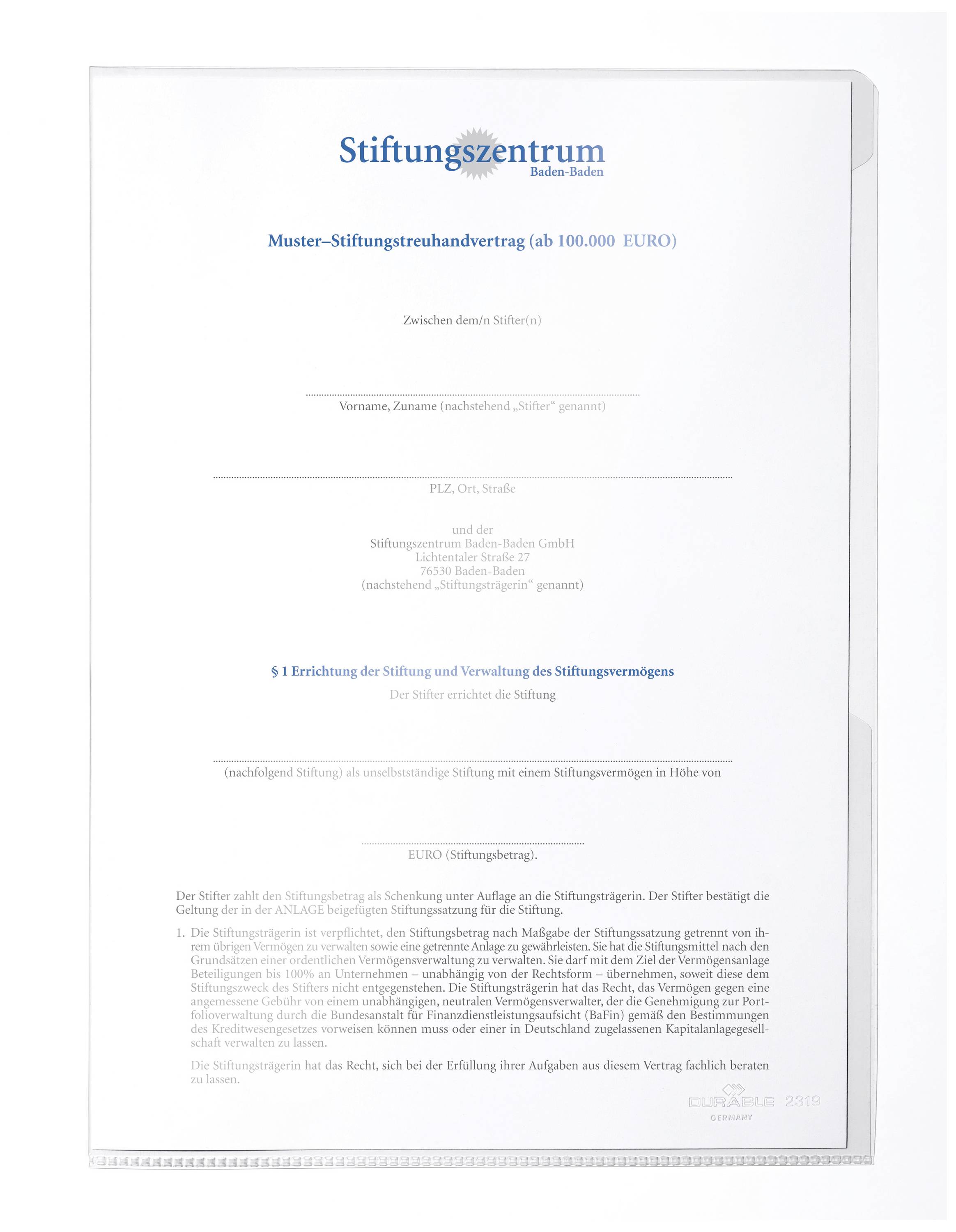 Dokument mit dem Titel 'Muster-Stiftungstreuhandvertrag' vom Stiftungszentrum. Enthält Vertragsdetails für eine Stiftung ab 100.000 Euro.