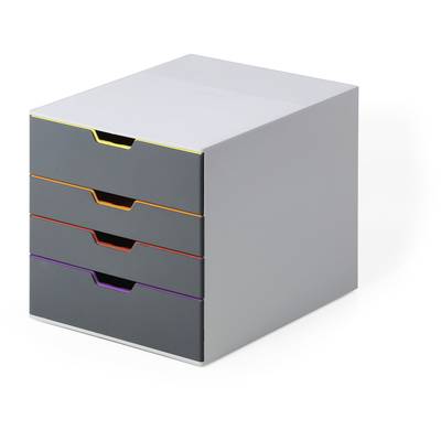 Ein graues Schubladenelement mit vier unterschiedlich farbigen, horizontalen Griffbereichen: gelb, orange, rot und lila.