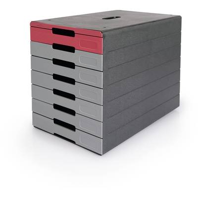 Ein Stapel mehrerer flacher Boxen in Schwarz und Grau mit einer roten Box oben. Sie sind rechteckig und haben einen modernen Look.