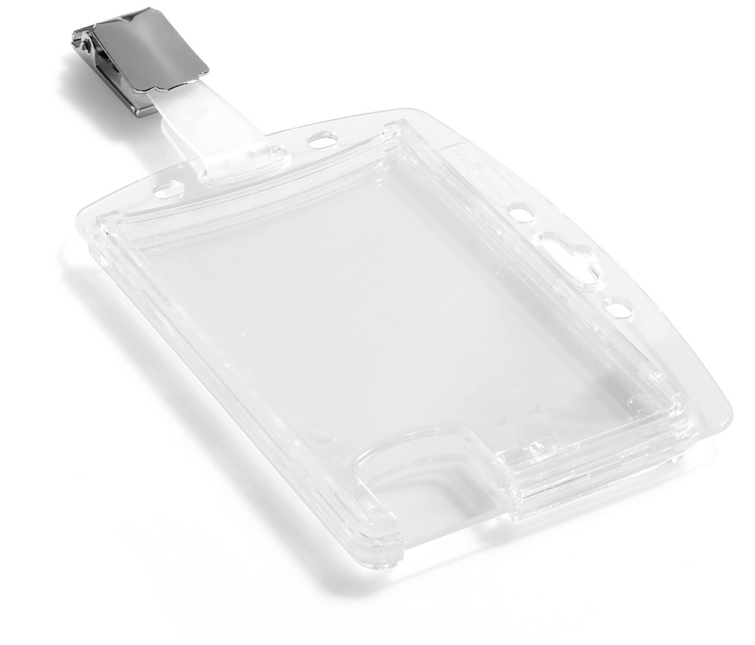 Transparenter Kunststoffausweishalter mit Metallclip, geeignet für Ausweiskarten.