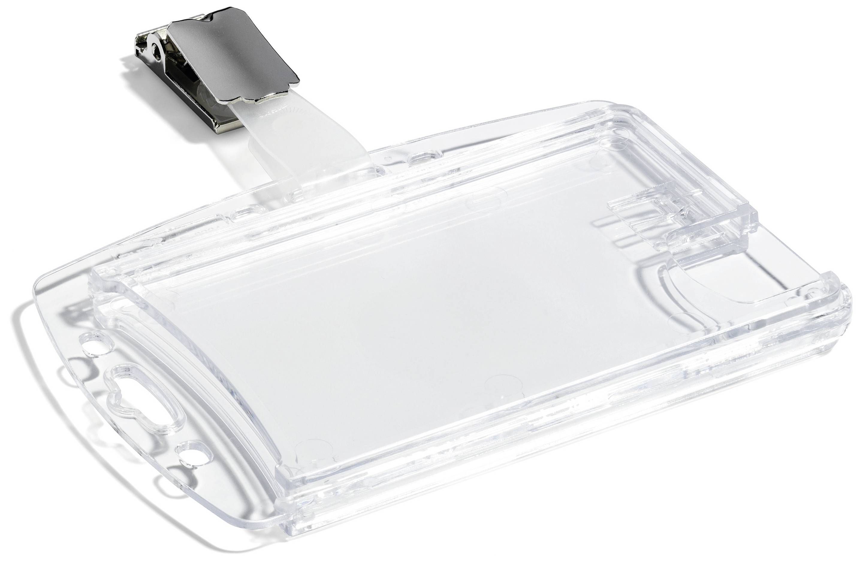 Transparente Plastikkartenhülle mit Clip, geeignet für das Halten eines Ausweises oder Namensschilds.