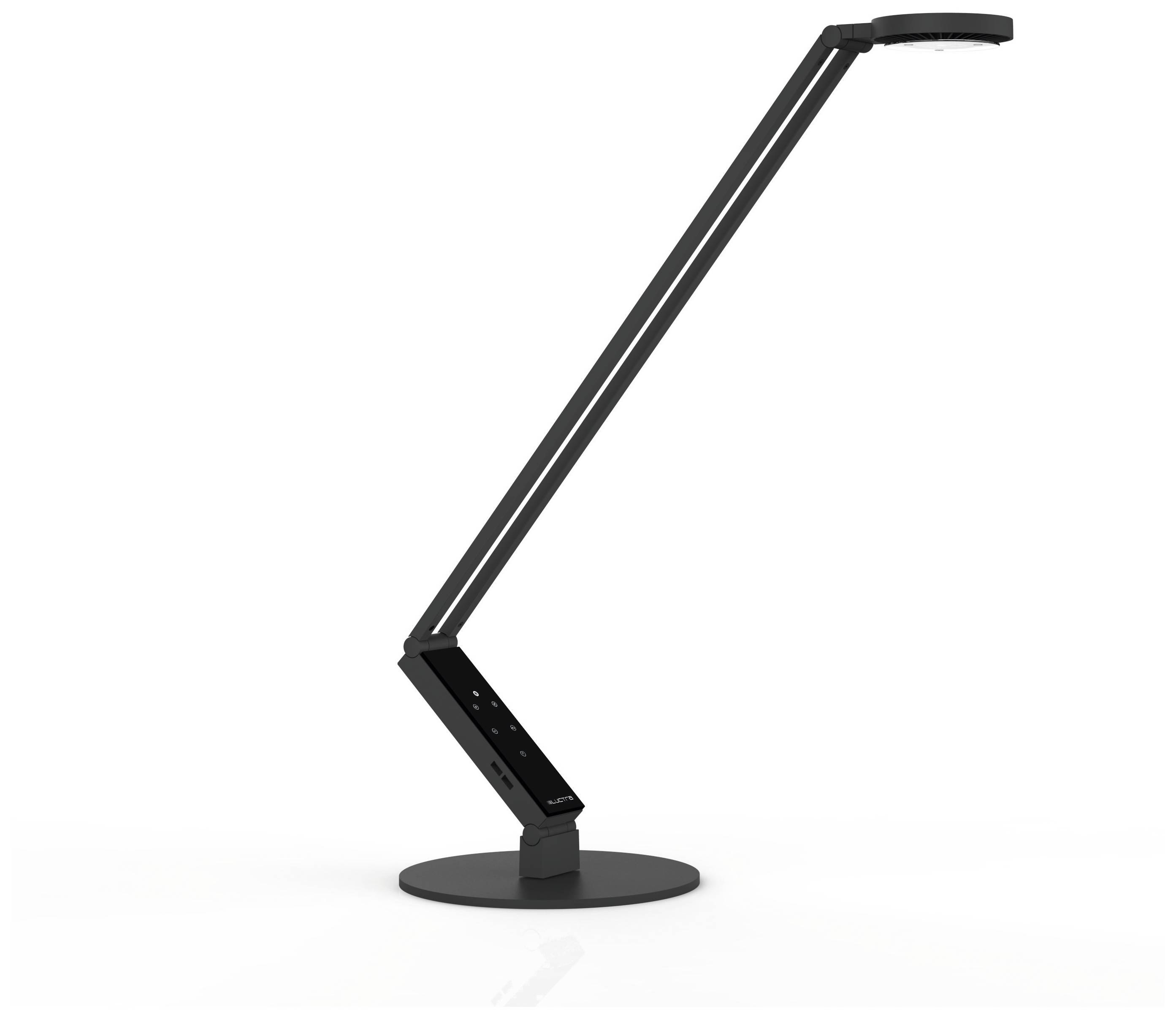 Schwarze, moderne Schreibtischlampe mit verstellbarem Arm und rundem Fuß, in minimalistischem Design.