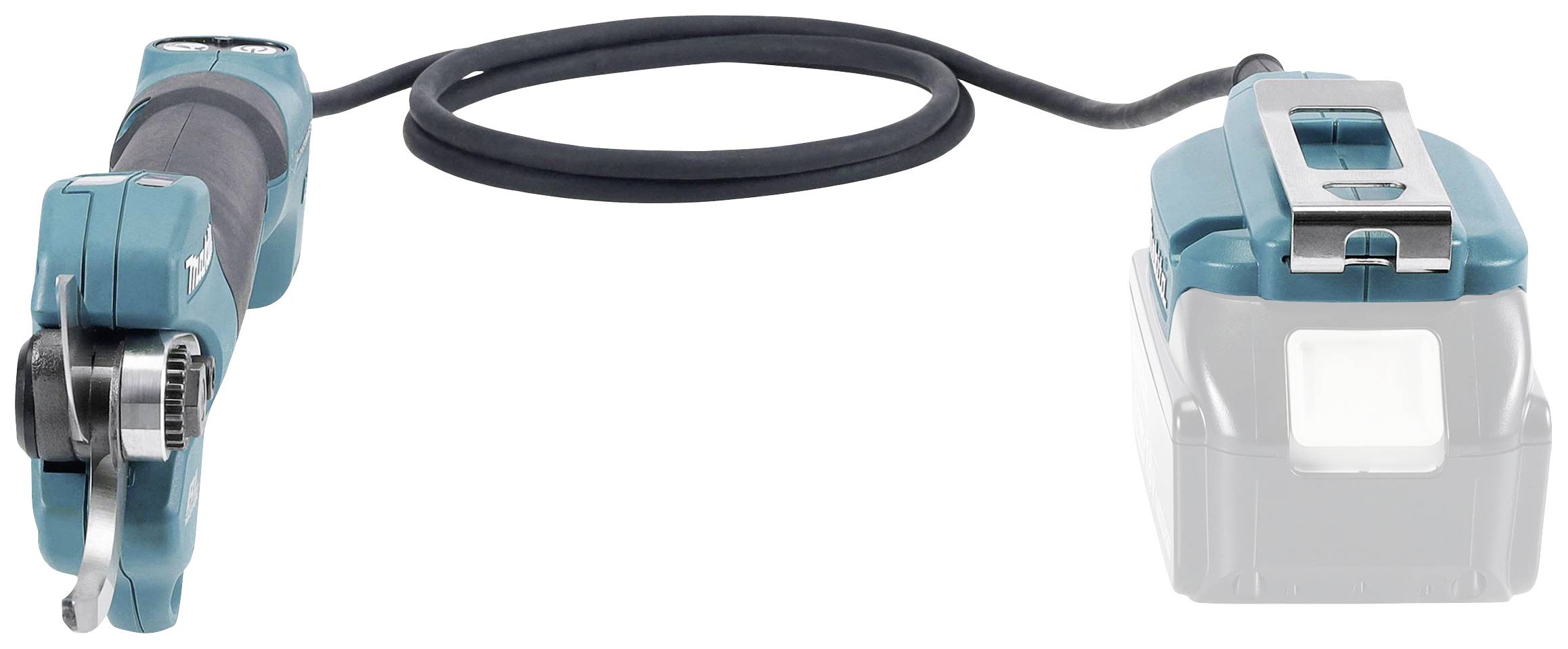 Ein blaues, handgehaltenes Elektrowerkzeug mit einem langen schwarzen Kabel, verbunden mit einer Akkubox im Vordergrund.