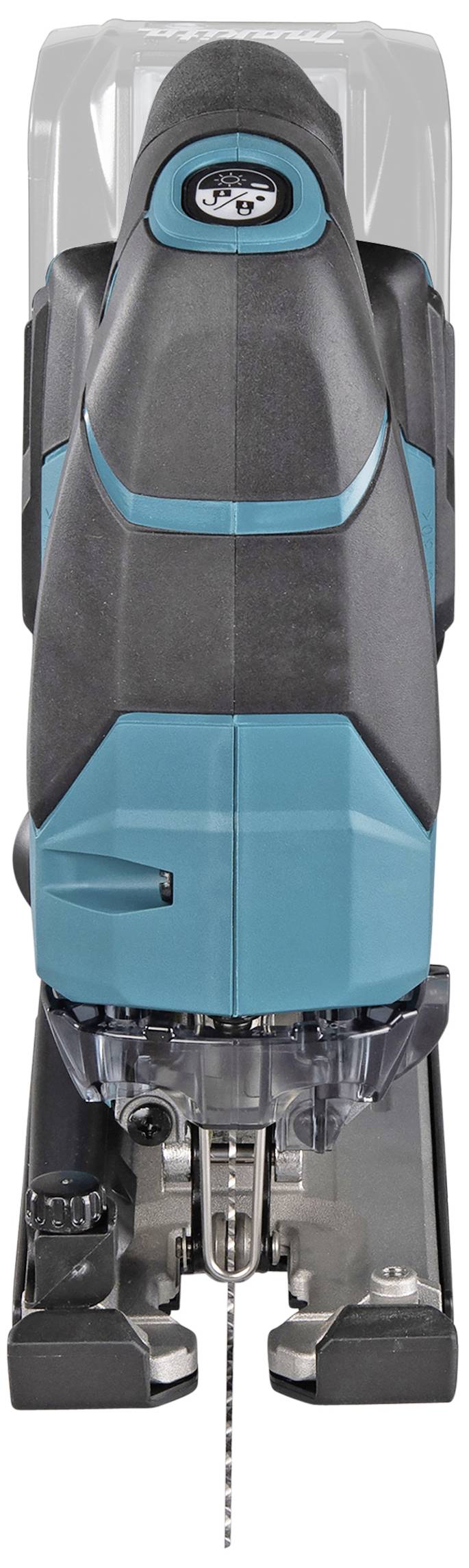 Elektrische Stichsäge in Schwarz und Blau von vorne. Sie besitzt einen sichtbaren Sägeblattmechanismus und ergonomische Griffe.