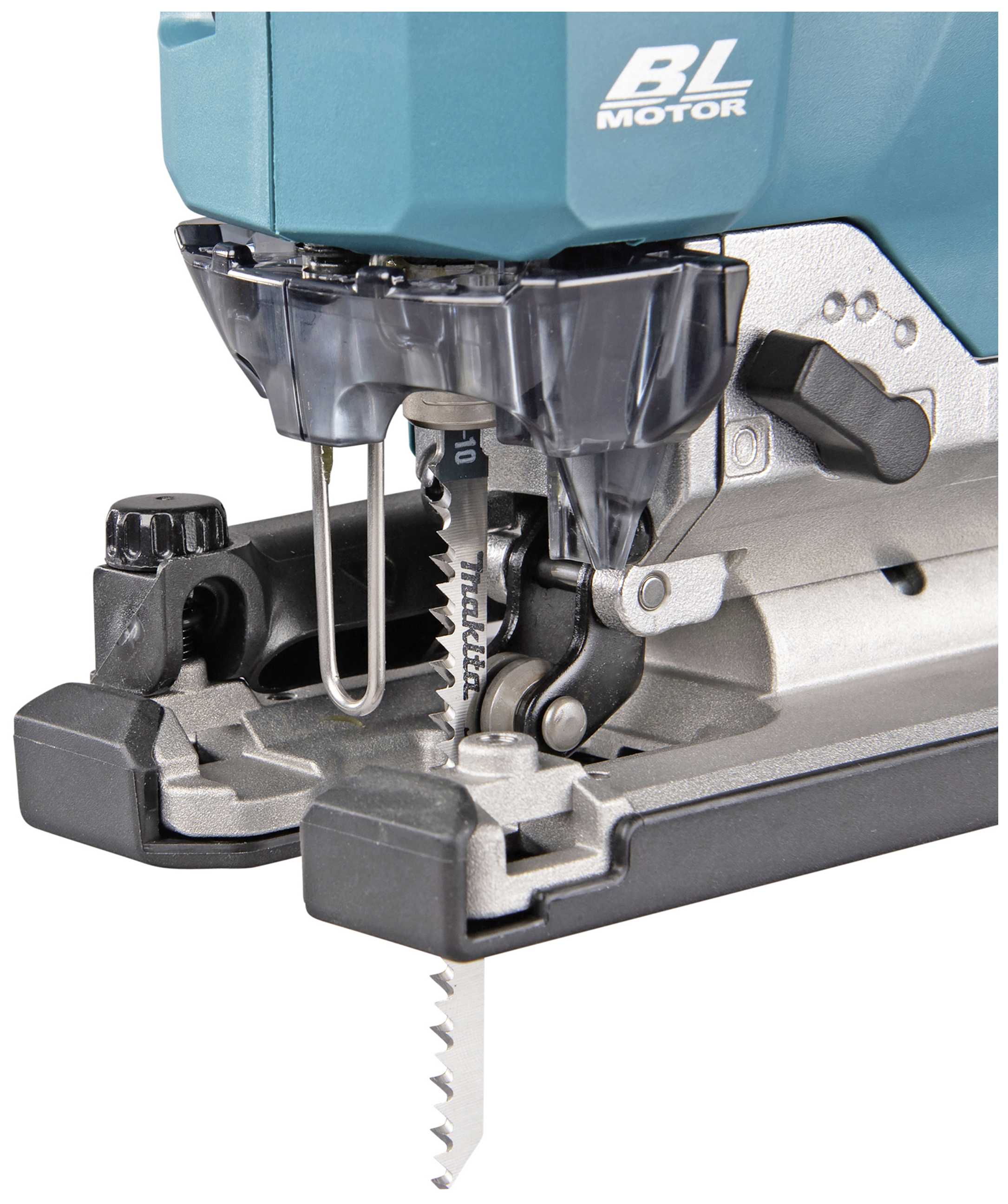 Ein elektrischer Fuchsschwanz mit blauem Gehäuse. Sichtbare Sägeblattmechanik und Bedienelemente.