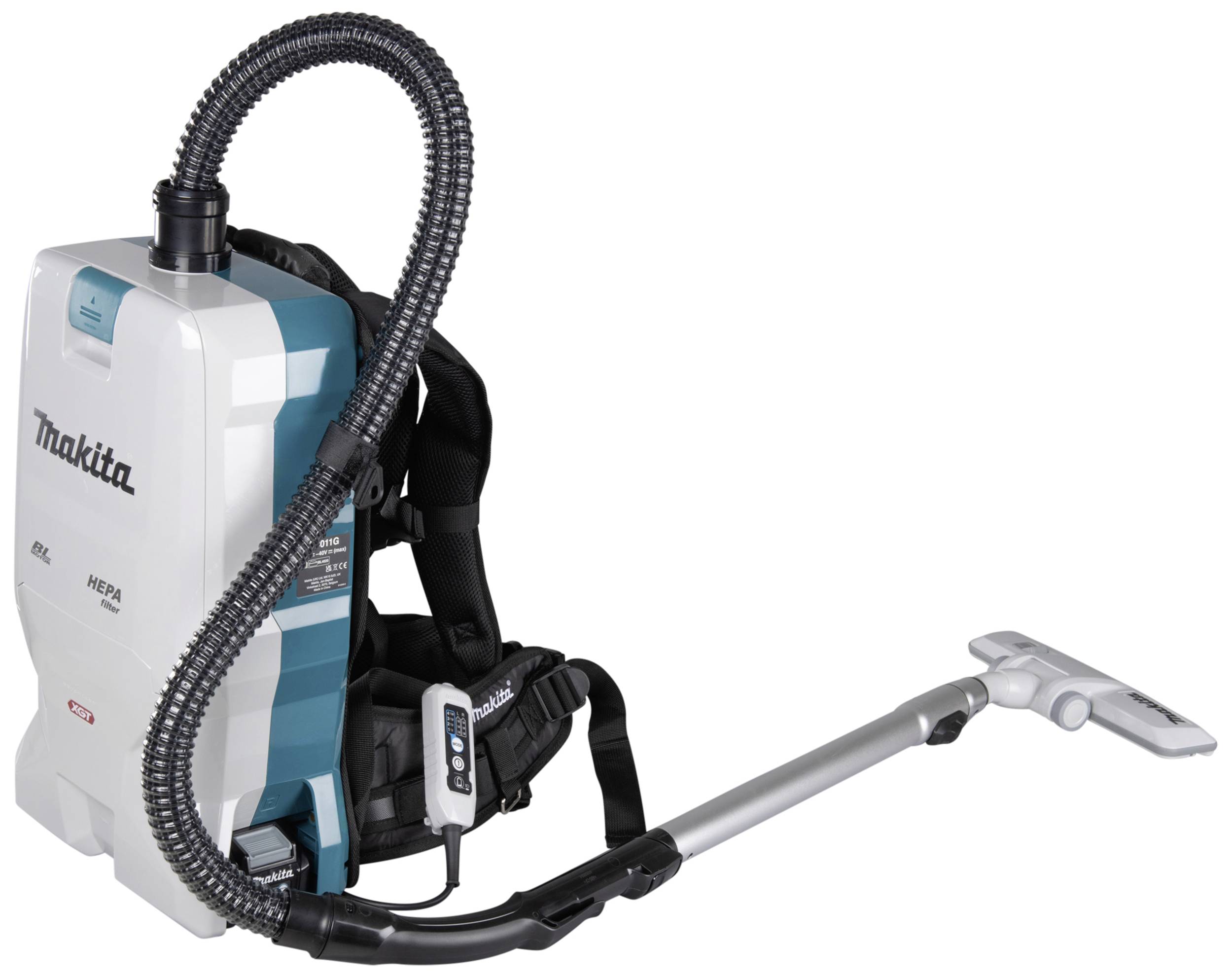Ein kabelloser Rucksack-Staubsauger mit ergonomischem Design, blau-weißer Farbe und einem langen Saugrohr, geeignet für flexible Reinigung.