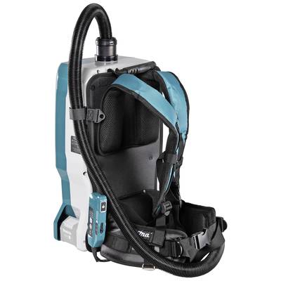 Ein tragbarer Rucksack-Staubsauger mit gepolsterten Gurten und Schlauch. Er ermöglicht freihändiges Staubsaugen, ideal für Mobilität.