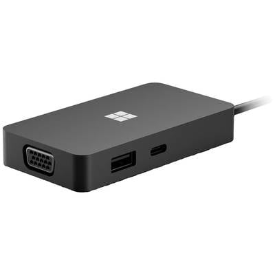 Ein schwarzer Adapter mit VGA-, USB-A- und USB-C-Anschlüssen, gekennzeichnet durch ein stilisiertes vierteiliges Fensterlogo.