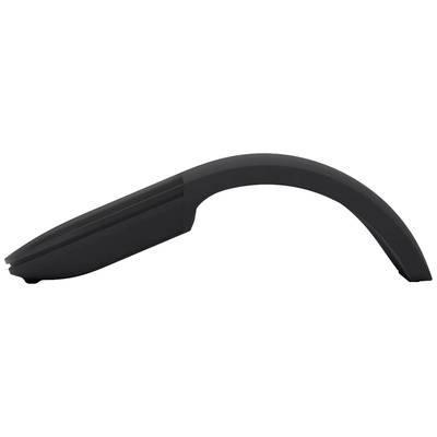 Schwarze, ergonomisch geformte Computermaus in gebogener Position, seitlich betrachtet.