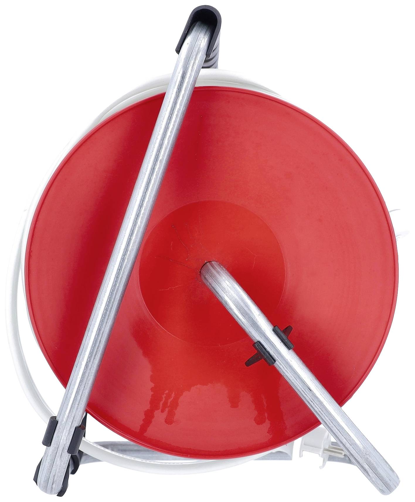 Ein roter Eimer mit Deckel und zwei Metallgriffen, von oben gesehen.