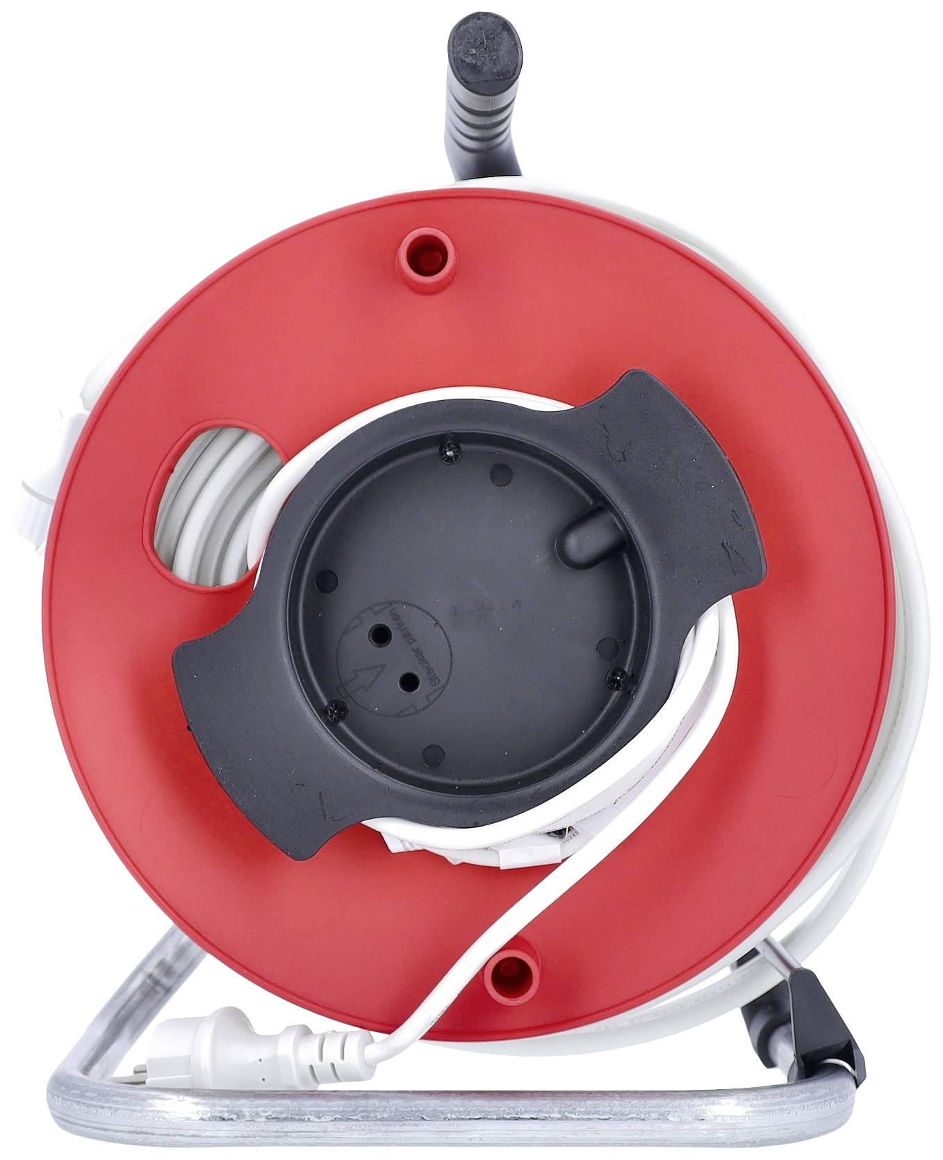 Rote Kabeltrommel mit schwarzer Abdeckung und aufgewickeltem weißen Kabel, auf einem Metallständer stehend.