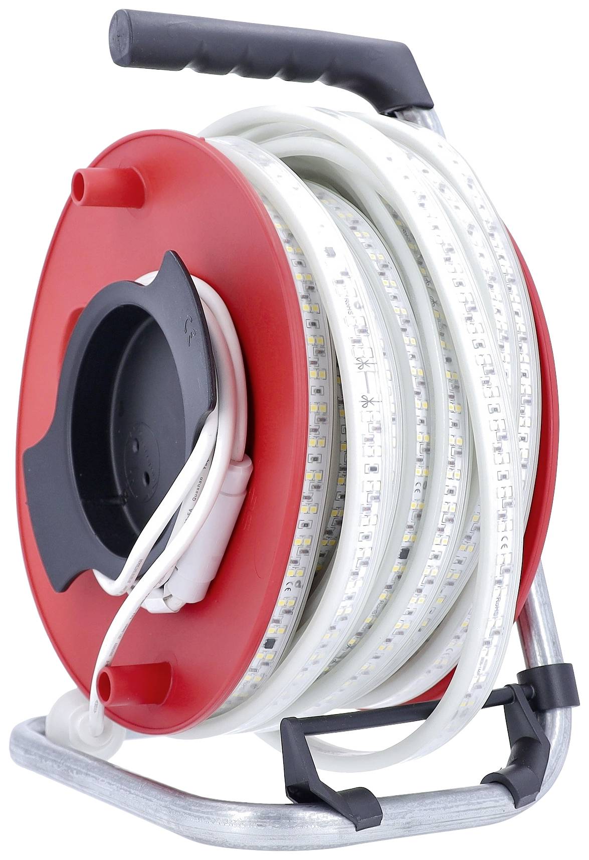 Eine rote Kabeltrommel mit einem langen weißen LED-Streifen ist auf einem Metallgestell aufgerollt.