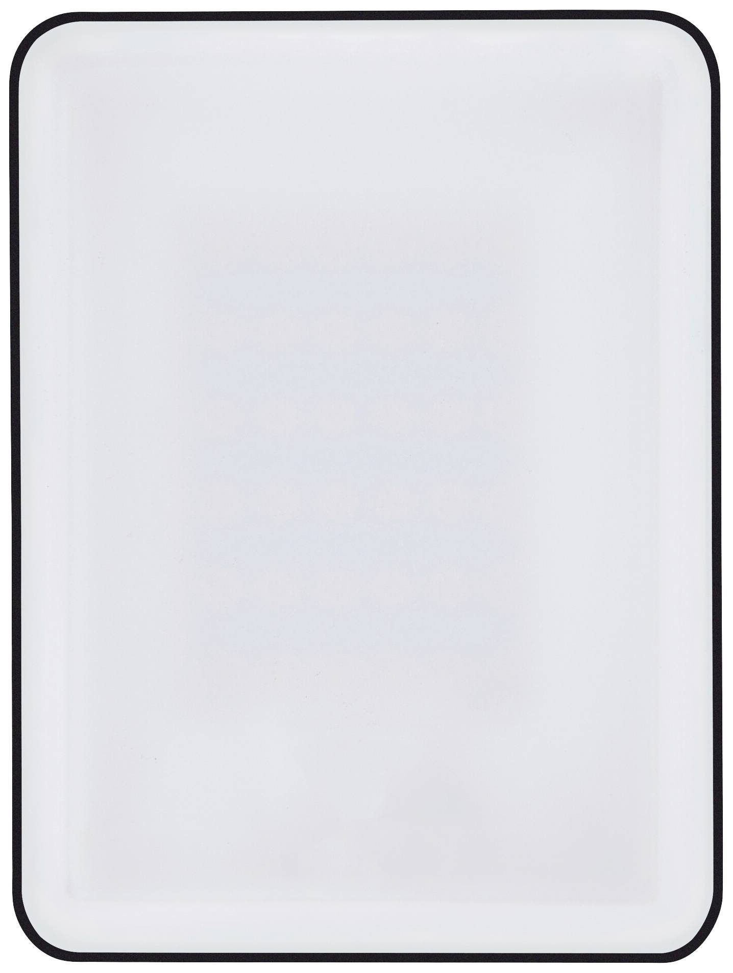 Eine weiße rechteckige Fläche mit einem schwarzen Rand, möglicherweise eine beleuchtete Tafel oder ein Tablet, ohne erkennbare Details.