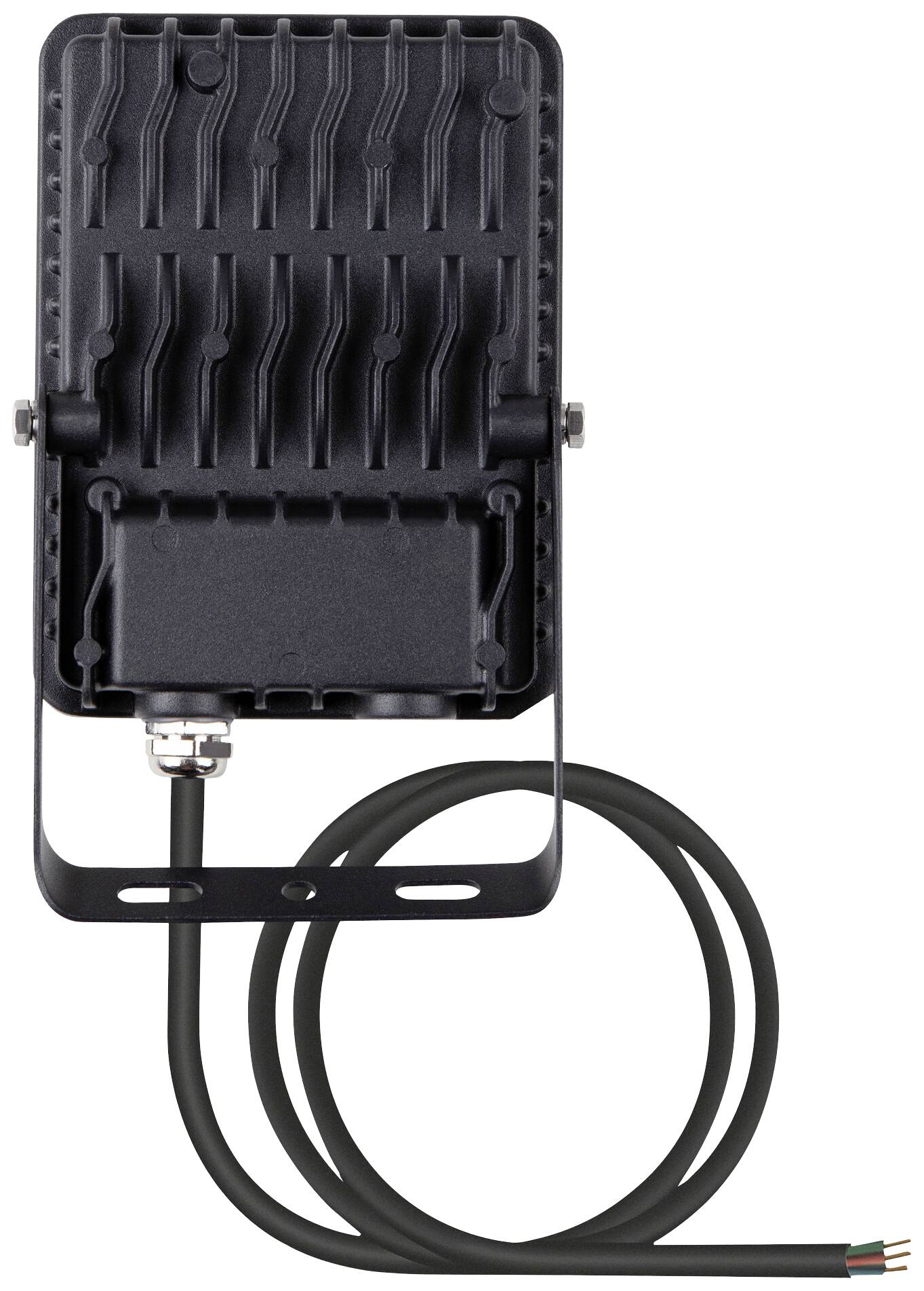 Schwarzer LED-Strahler mit Kabel und Halterung, Rückansicht. Das Gehäuse zeigt eine strukturierte Oberfläche für Wärmeableitung.