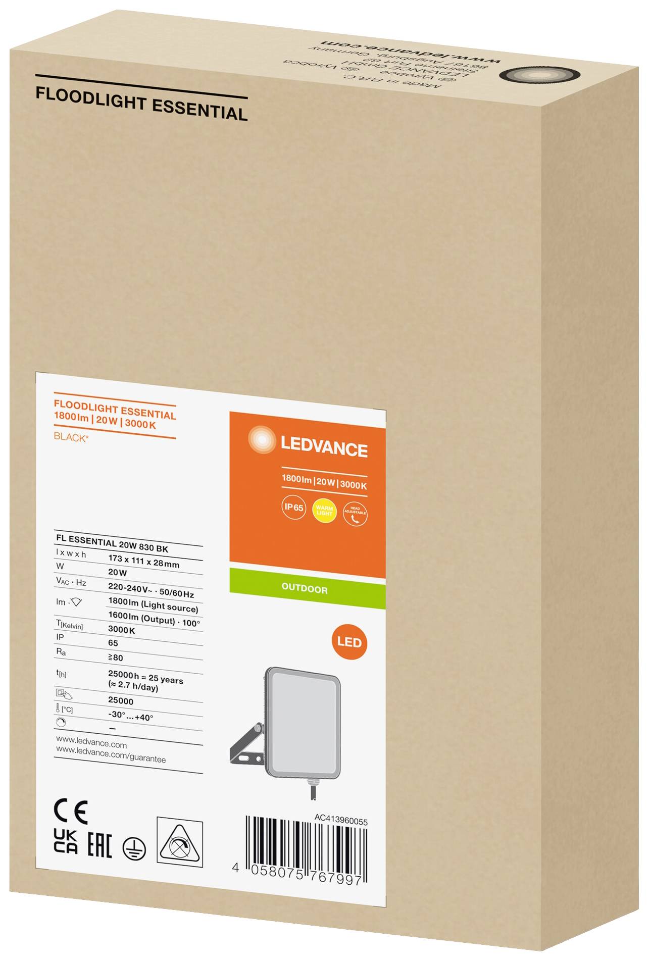 Verpackung eines LEDVANCE Flutlichts mit technischen Details wie 1600 lm, 20W, 3000K, IP65, CE-Kennzeichnung. Außenbereich geeignet.