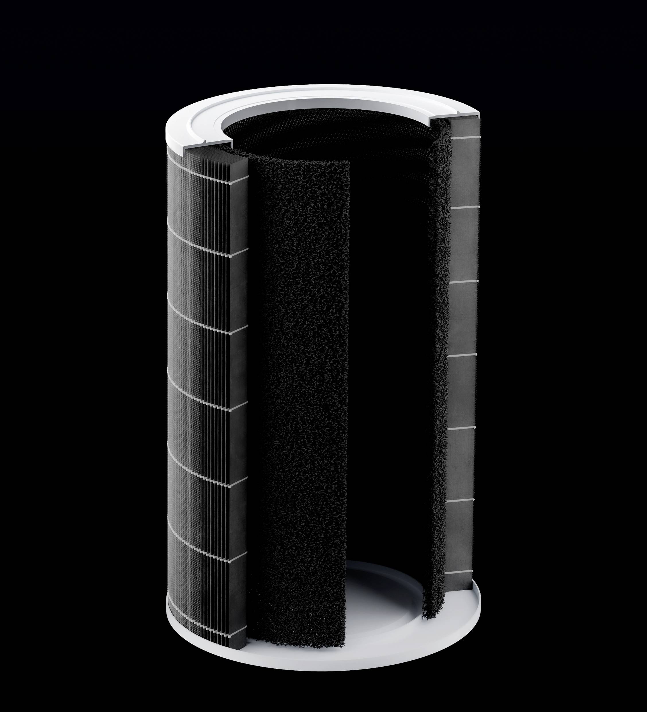 Ein zylindrischer Luftfilter mit sichtbaren Schichten und perforierter Oberfläche, gezeigt im Querschnitt.