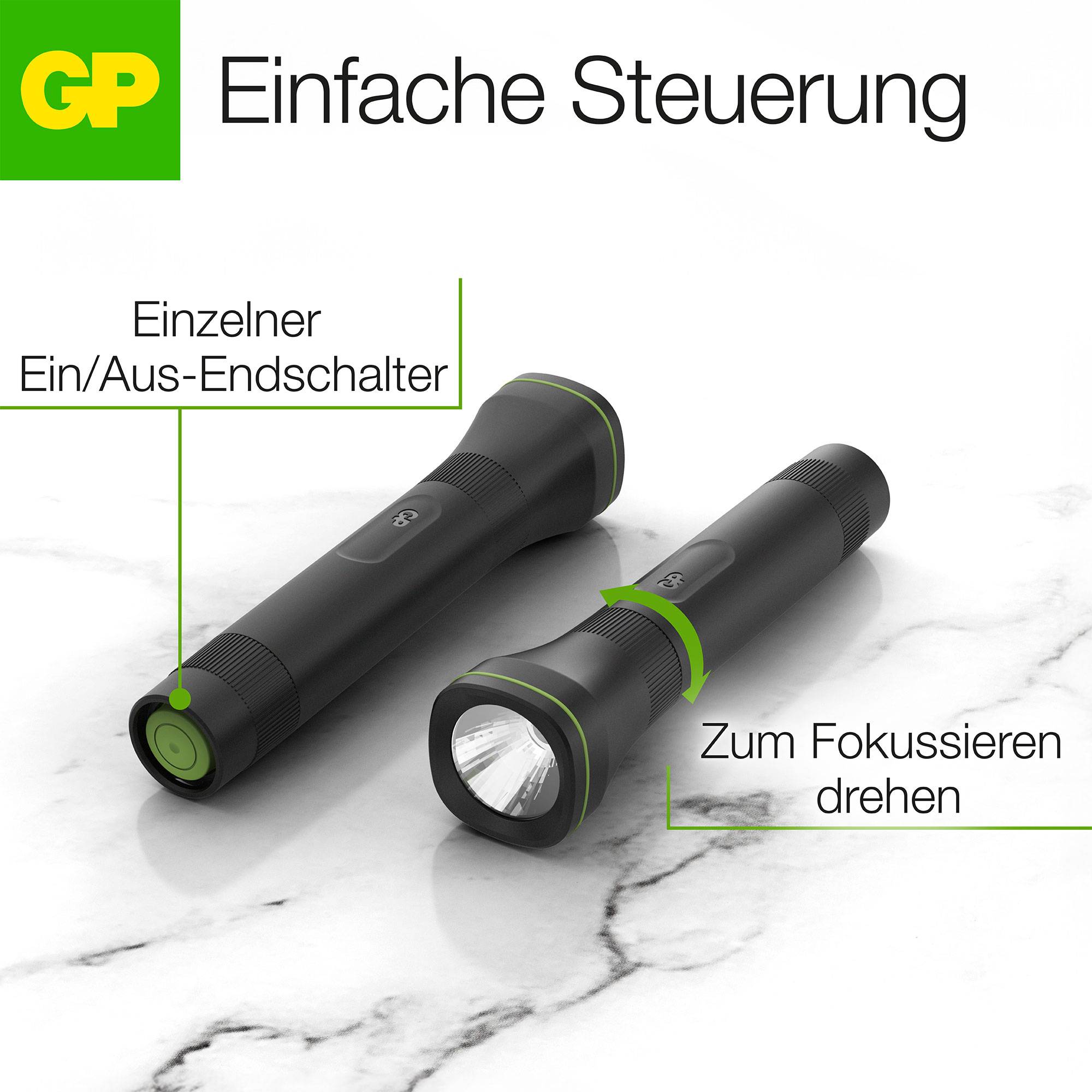 Zwei Taschenlampen auf einem Marmortisch. Eine zeigt den Ein-/Aus-Schalter, die andere den Fokusbereich mit Hinweis 'Zum Fokussieren drehen'.