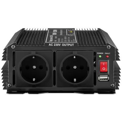 Ein schwarzer Spannungswandler mit zwei Steckdosen, Schalter, USB-Anschluss und 'AC 230V OUTPUT' Schriftzug, geeignet für Elektrogeräte.
