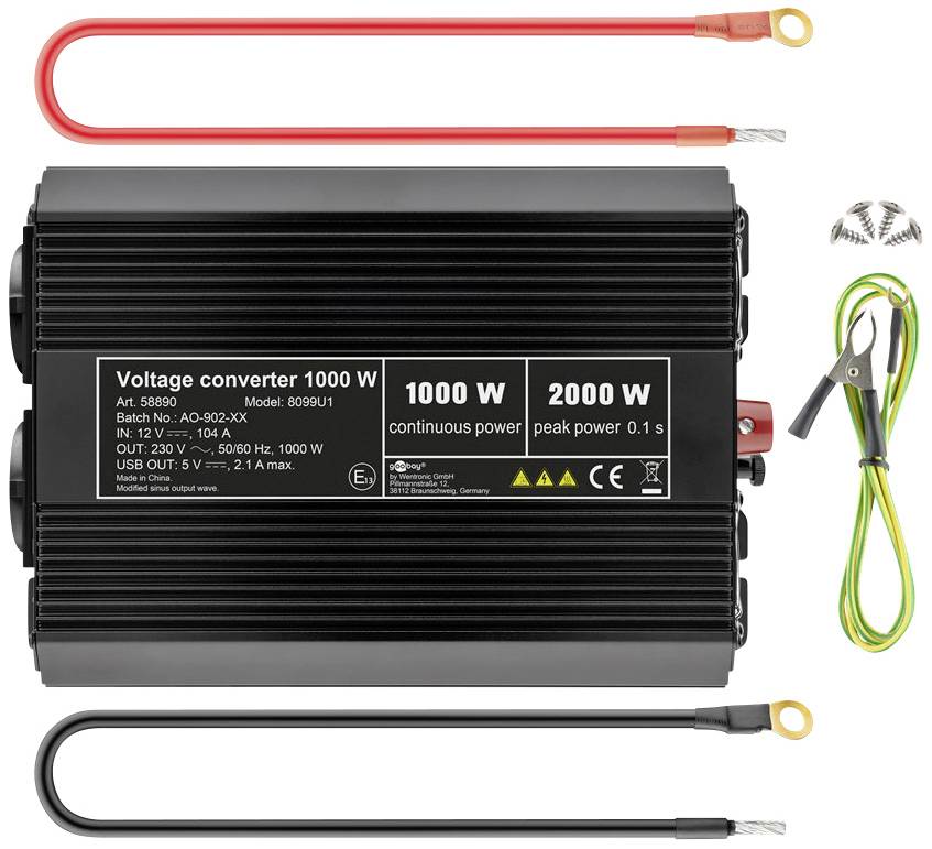 Spannungswandler 1000 W mit Zubehör, darunter Kabel mit Klemmen und Schrauben. Wandelt 12 V DC in 220 V AC um. Ideal für mobile Anwendungen.