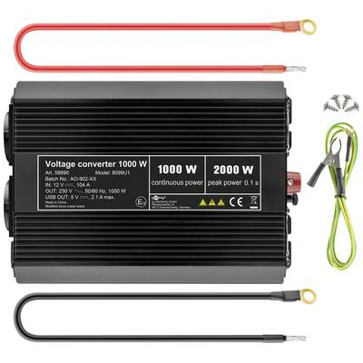 Spannungswandler 1000 W mit Zubehör, darunter Kabel mit Klemmen und Schrauben. Wandelt 12 V DC in 220 V AC um. Ideal für mobile Anwendungen.