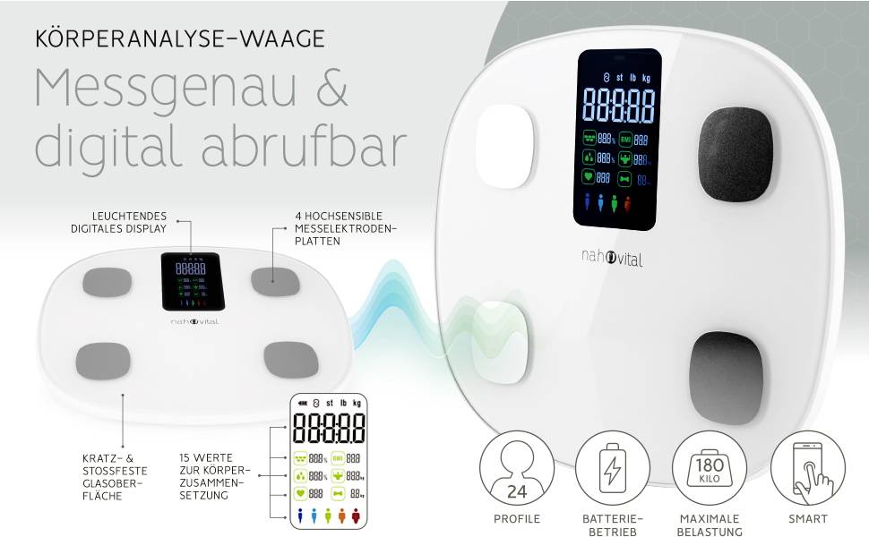 'Körperanalyse-Waage' mit leuchtendem Display. Zeigt Gewicht in kg. Funktionen: Körperzusammensetzung, Profile, Batteriebetrieb.