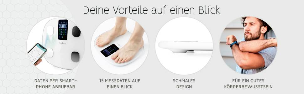 'Drei runde Fotos zeigen technische Geräte und eine Person, die eine körperliche Übung macht. Text: Deine Vorteile auf einen Blick.'