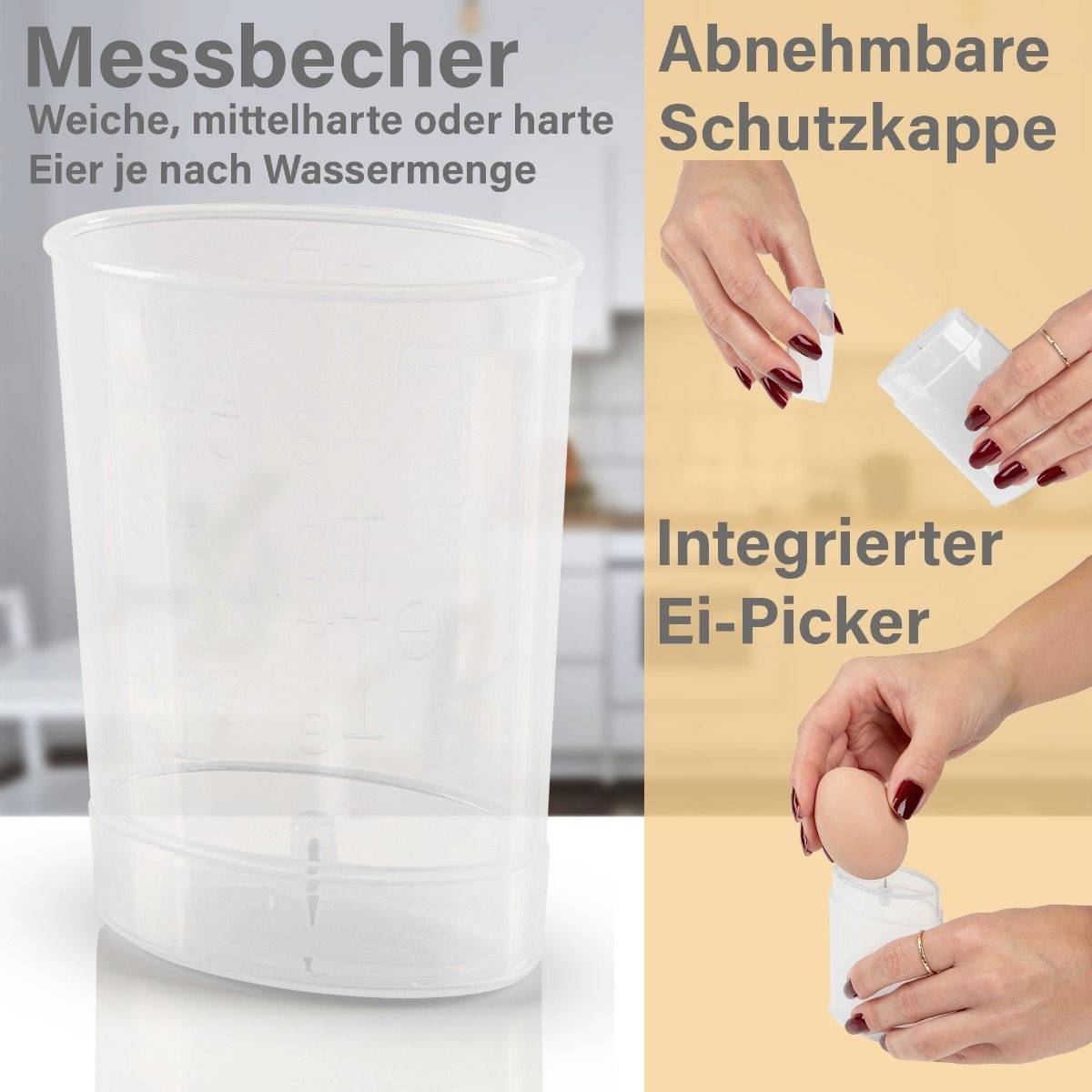 Ein Messbecher zur Bestimmung der Härte von Eiern nach Wassermenge. Nebendran Hände, die einen Eierpicker mit abnehmbarer Schutzkappe halten.