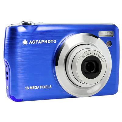 Blaue Digitalkamera mit '18 Mega Pixels' und 'Optical 8x Zoom' Aufdruck.