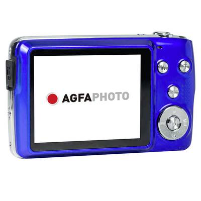 Eine blaue Digitalkamera mit der Aufschrift 'AgfaPhoto' auf dem Bildschirm. Die Kamera hat diverse Bedienelemente zur Navigation.