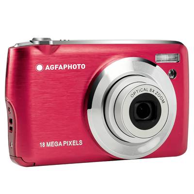 Rote Digitalkamera mit der Aufschrift 'Agfaphoto 18 Mega Pixels', silbernes Objektiv mit 'Optical 8X Zoom'. Vorderansicht.