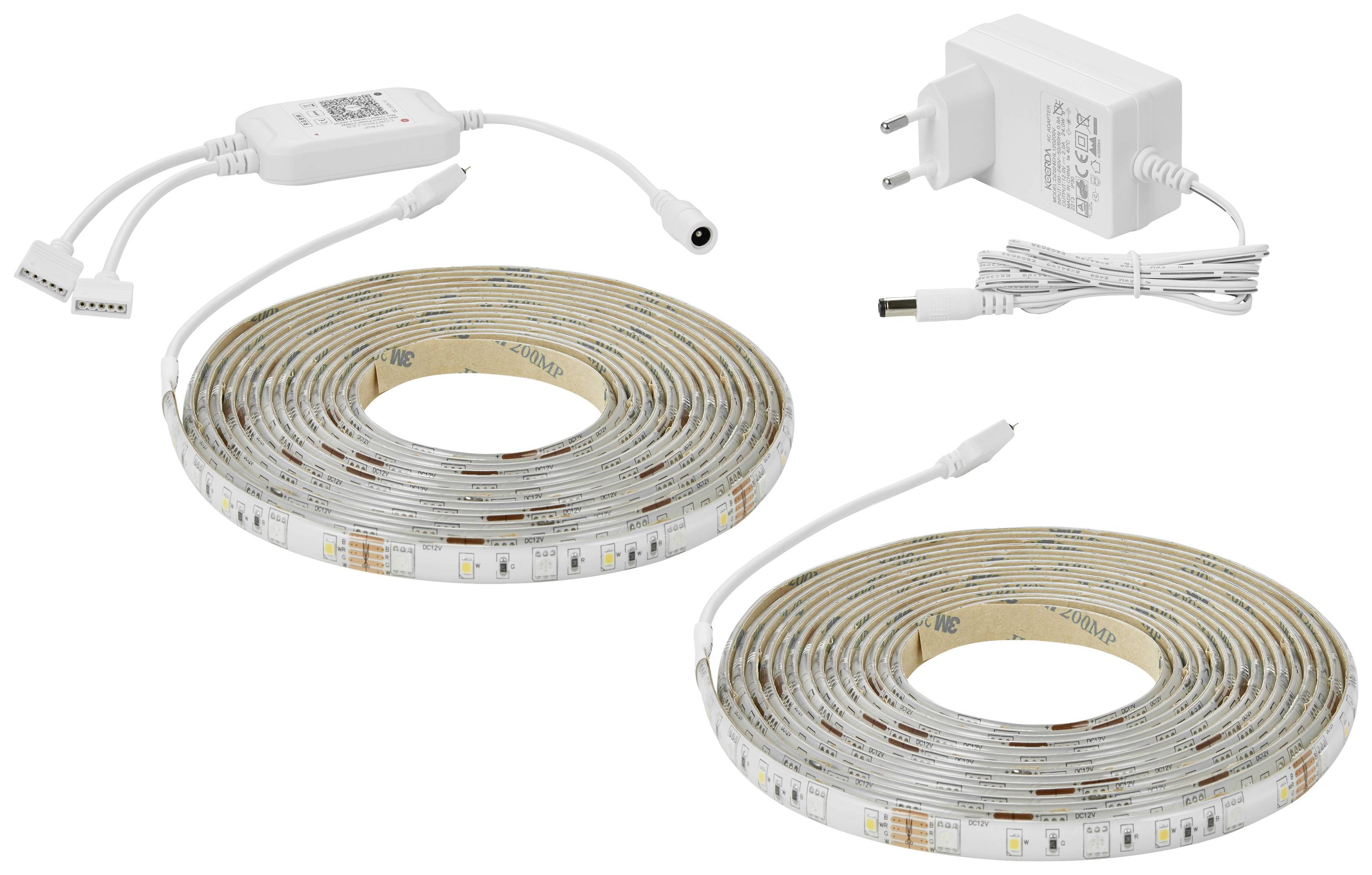 Längenverstellbarer LED-Lichtstreifen mit Stromadapter und Verbindungsstecker, geeignet für flexible Beleuchtungslösungen.