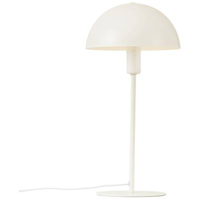 Weiße Tischlampe mit rundem, halbkugelförmigem Schirm und schlankem Standfuß aus Metall. Schlichtes, modernes Design.