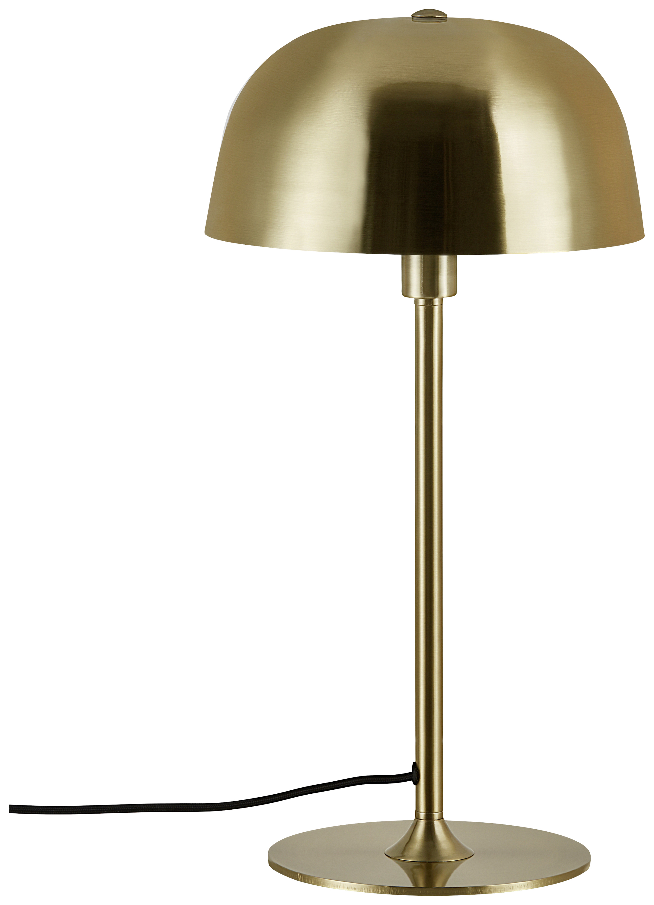 Goldene Stehlampe mit schlankem Ständer und halbkugelförmigem Schirm, steht auf einer runden Basis. Schwarzes Kabel an der Seite.
