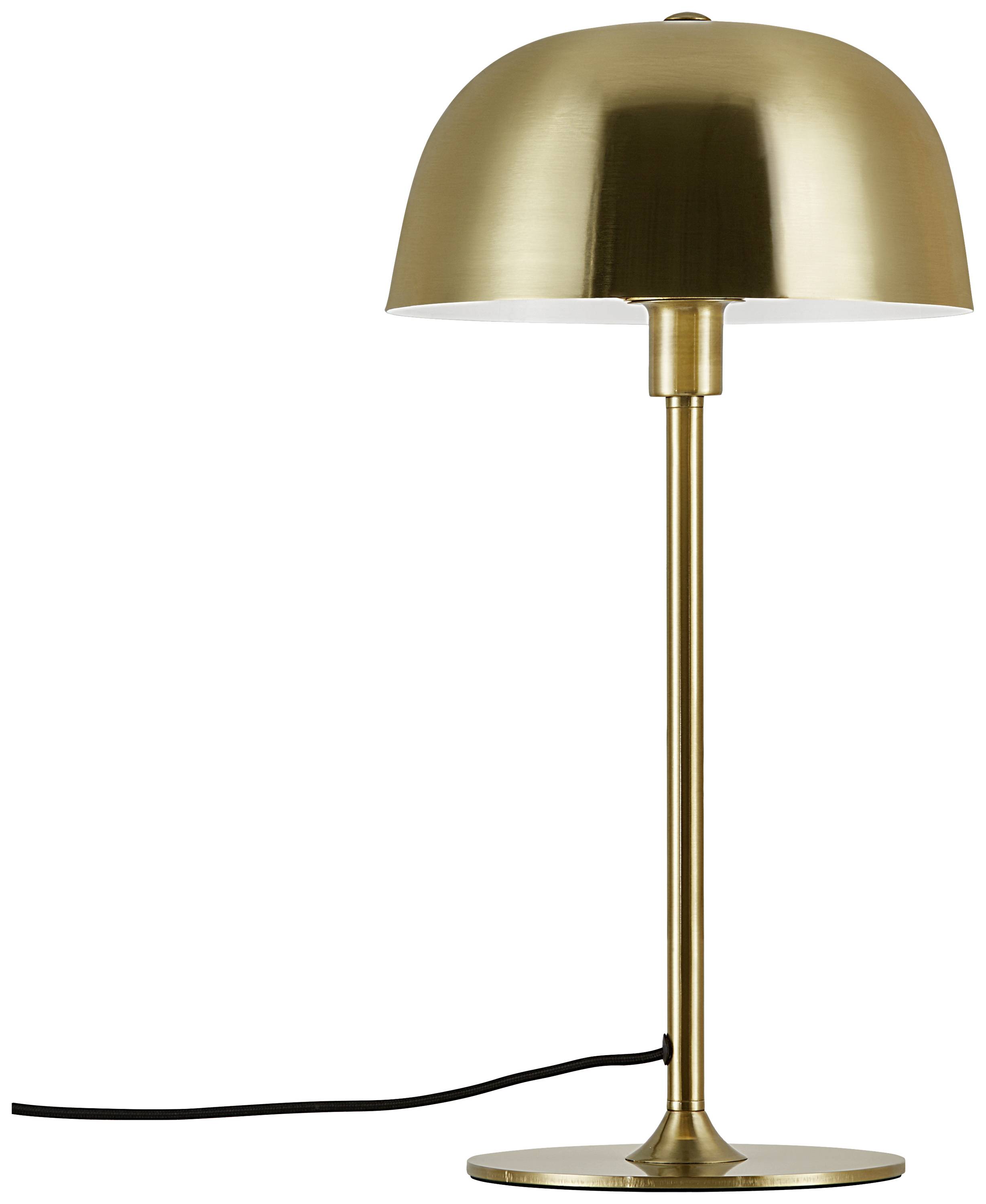 Goldene Tischlampe mit gewölbtem Schirm, schlankem Ständer und runder Basis. Stromkabel ist am unteren Teil der Lampe sichtbar.
