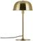 Goldene Tischlampe mit gewölbtem Schirm, schlankem Ständer und runder Basis. Stromkabel ist am unteren Teil der Lampe sichtbar.