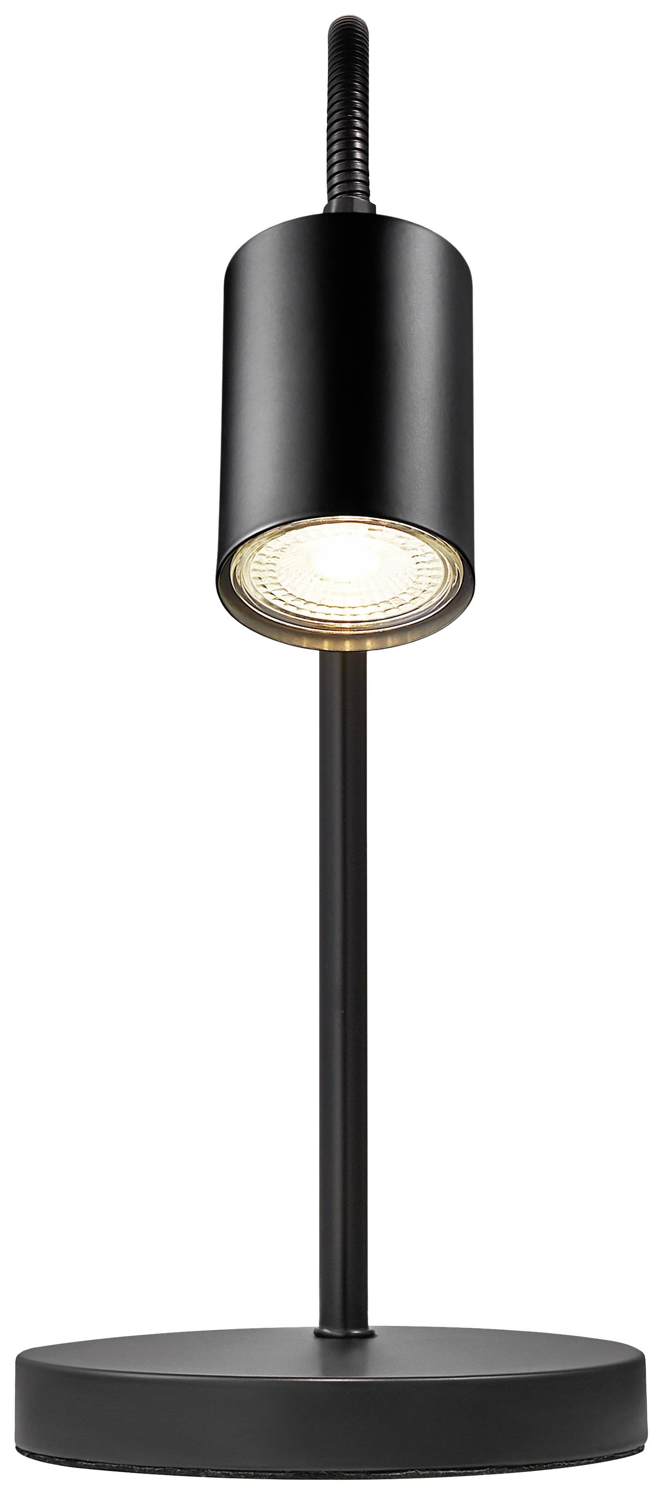 Schwarze Tischleuchte mit rundem Fuß und zylinderförmigem Lampenschirm, strahlt nach unten gerichtetes Licht aus.