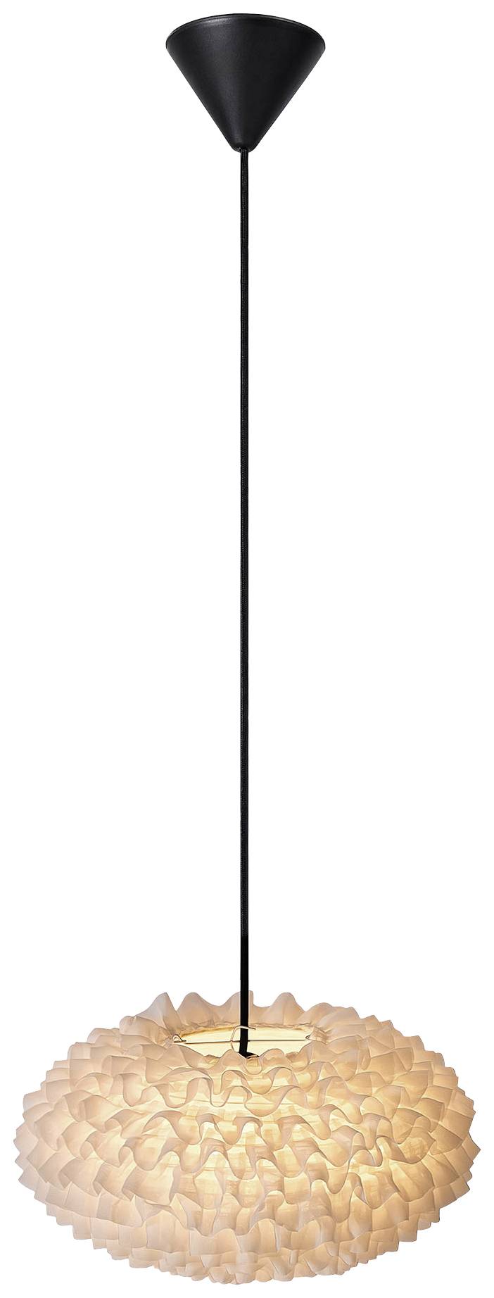 Hängelampe mit schwarzem Kabel und blütenförmigem, leuchtenden Lampenschirm aus weißem Material, von der Decke herabhängend.
