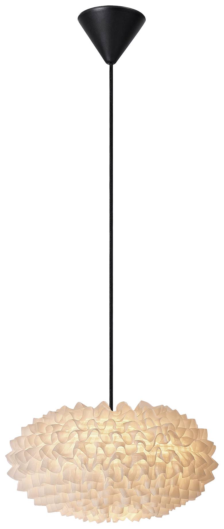 Hängelampe mit schwarzem Kabel und kunstvoll gefaltetem, leuchtendem Lampenschirm aus weißem Material.
