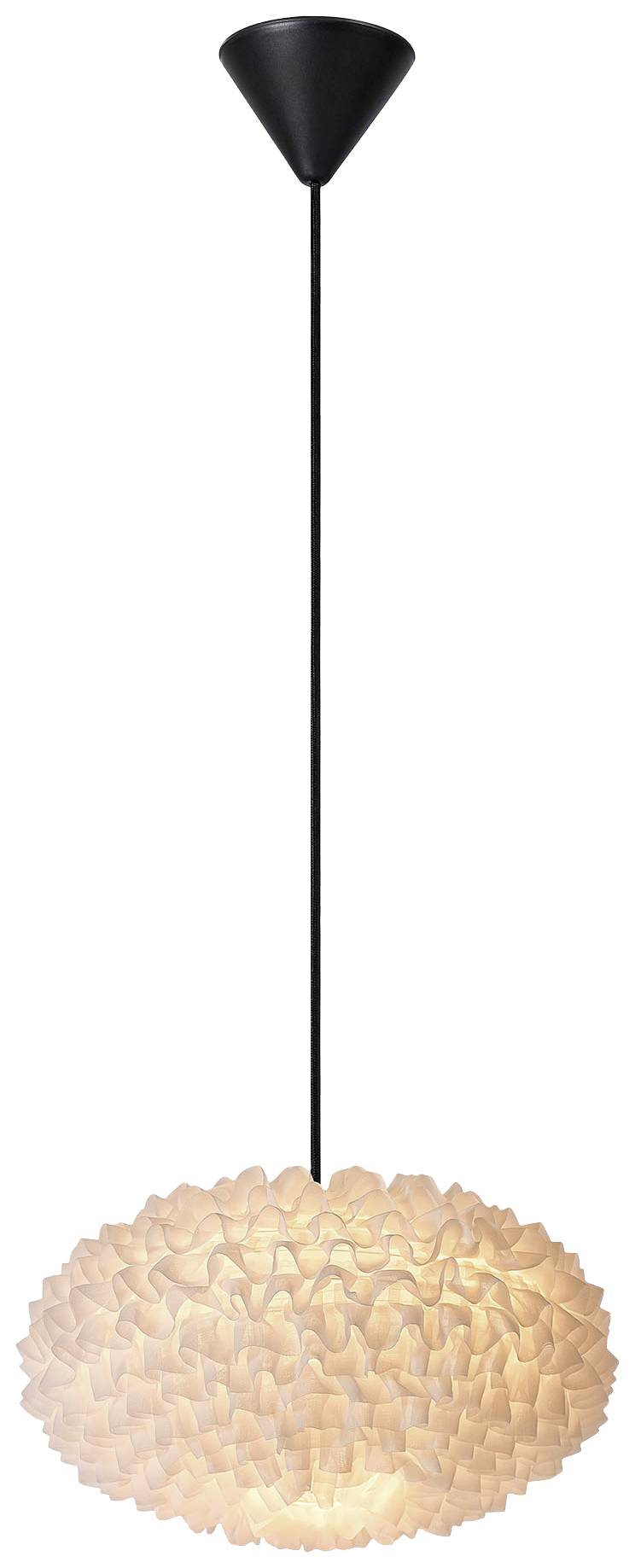 Weiße Hängelampe mit blütenblattartigem Design und schwarzem Kabel, leuchtet warmes Licht aus.