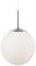 Weiße, kugelförmige Hängeleuchte mit dünnem, schwarzem Kabel, minimalistisch und modern gestaltet.