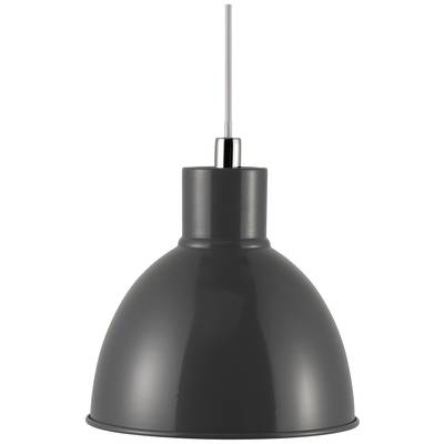 Graue Hängelampe mit glattem, glänzendem Schirm und silberner Aufhängung, hängt von der Decke. Moderner, minimalistischer Stil.