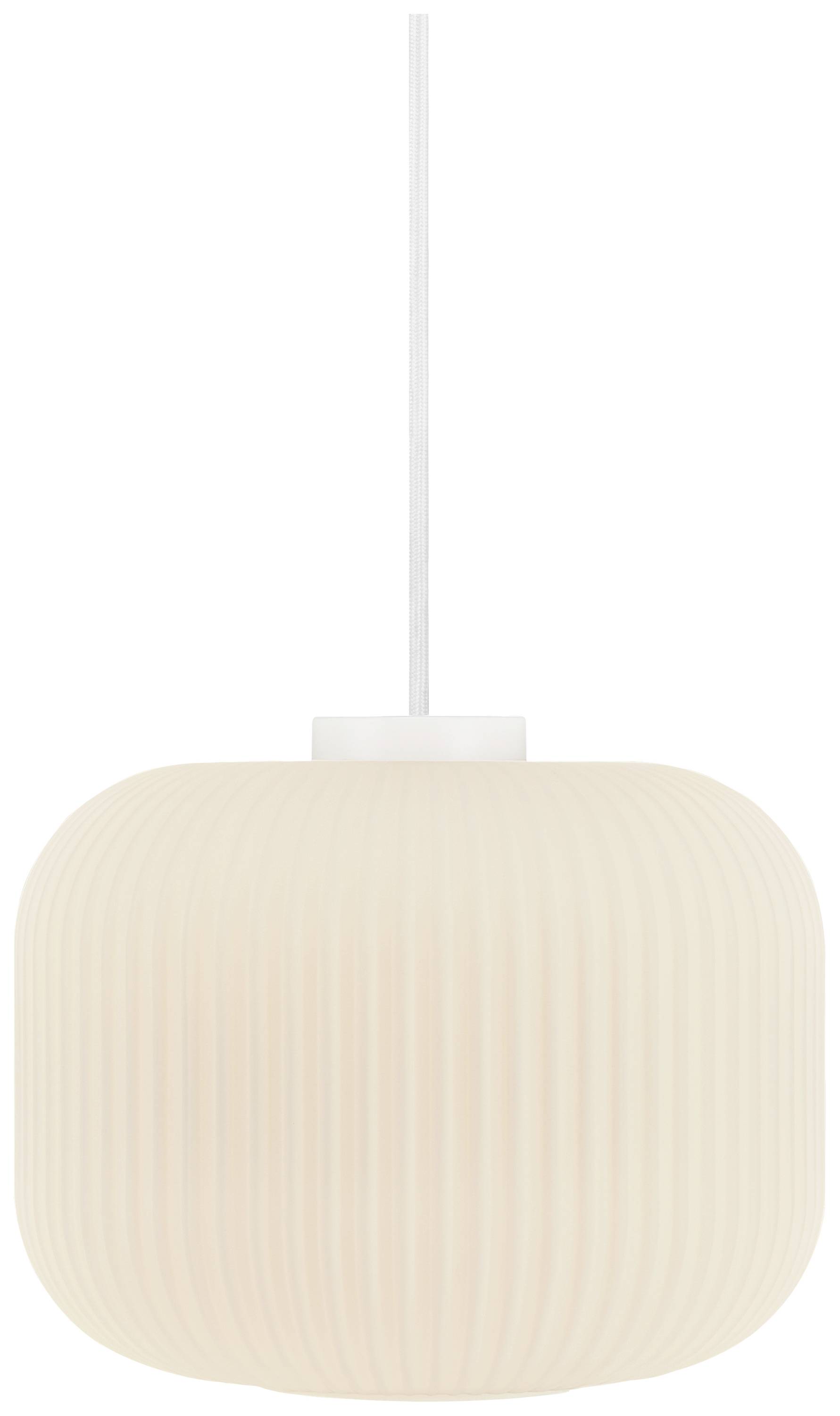 Hängelampe in Kugelform, elfenbeinfarbene, gerippte Oberfläche, an weißem Kabel. Geeignet für moderne Wohnräume oder Büros.